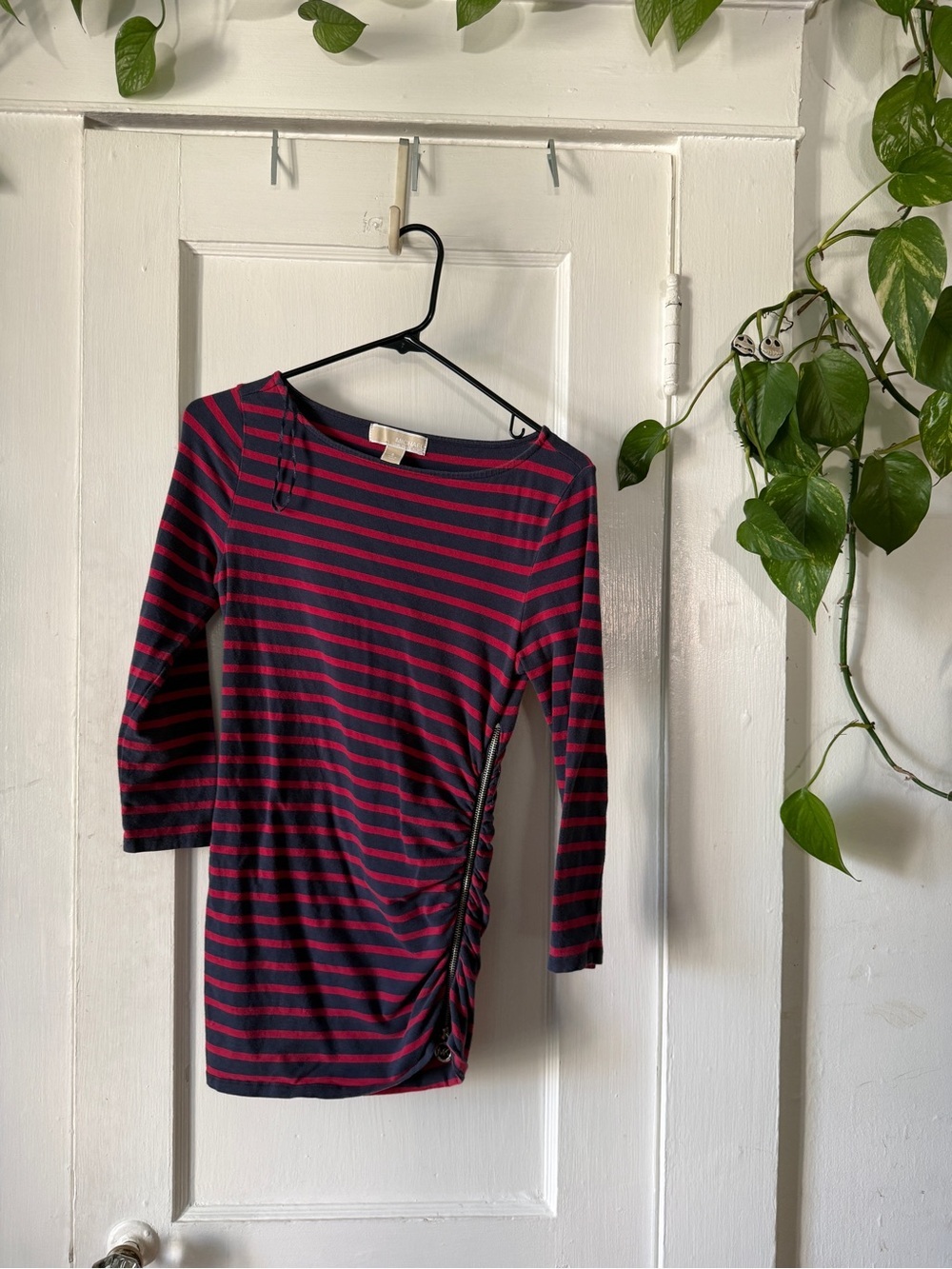 Michael Kors Navy and Red Striped Long Sleeve Ruched Side Top size S